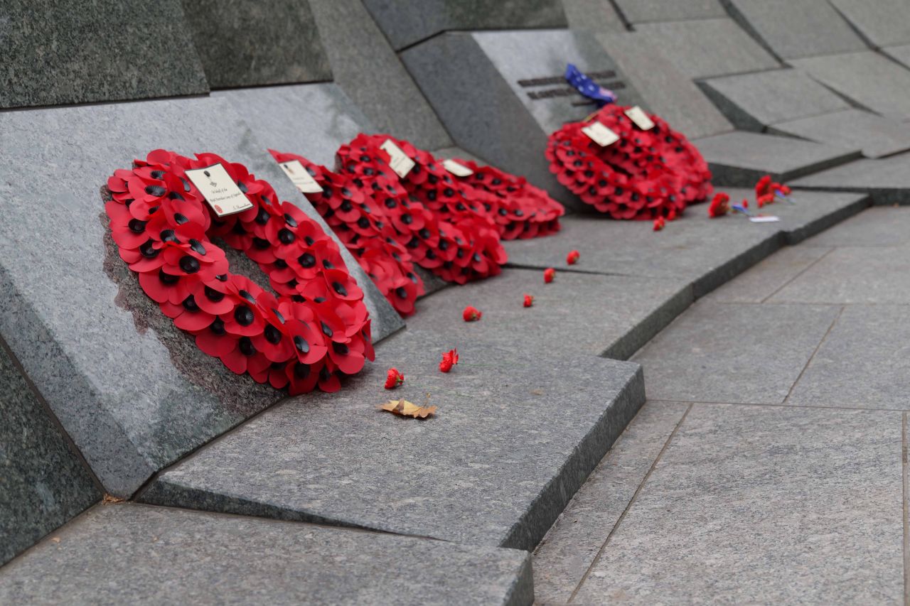 Poppy wreaths laid at the Australian War Memorial, Hyde Park Corner, for the Wreath Laying Ceremony